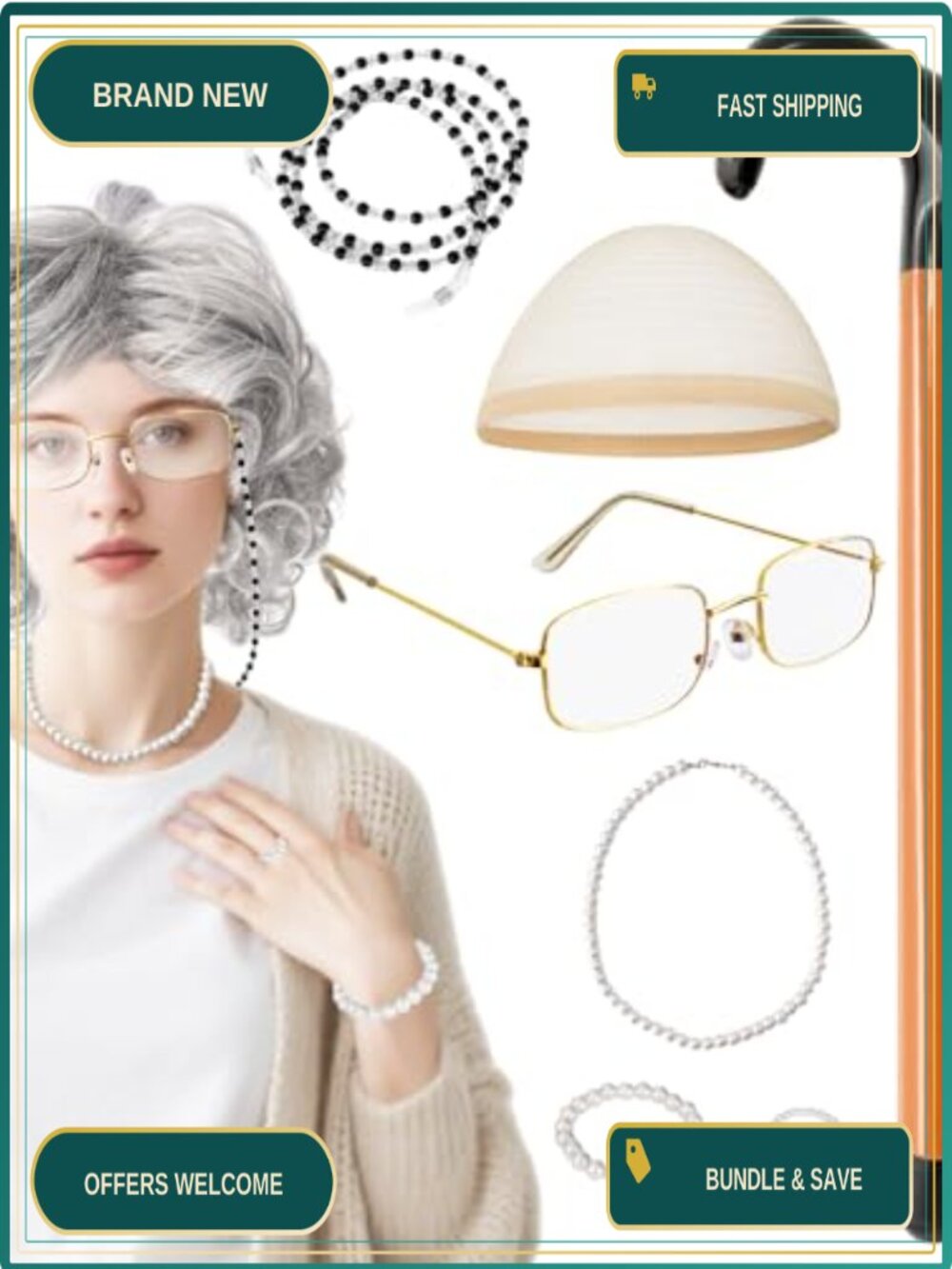 8Pc Old Lady Wig Set Costume Wig Cap Glasses Pearl Jewelry Cane